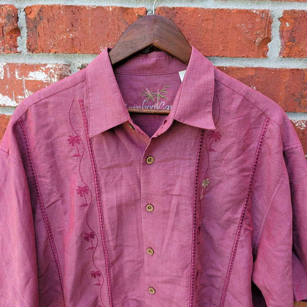 Bamboo Cay Camp Shirt Mens Large Mauve Embroidered Palm Tree Modal Blend